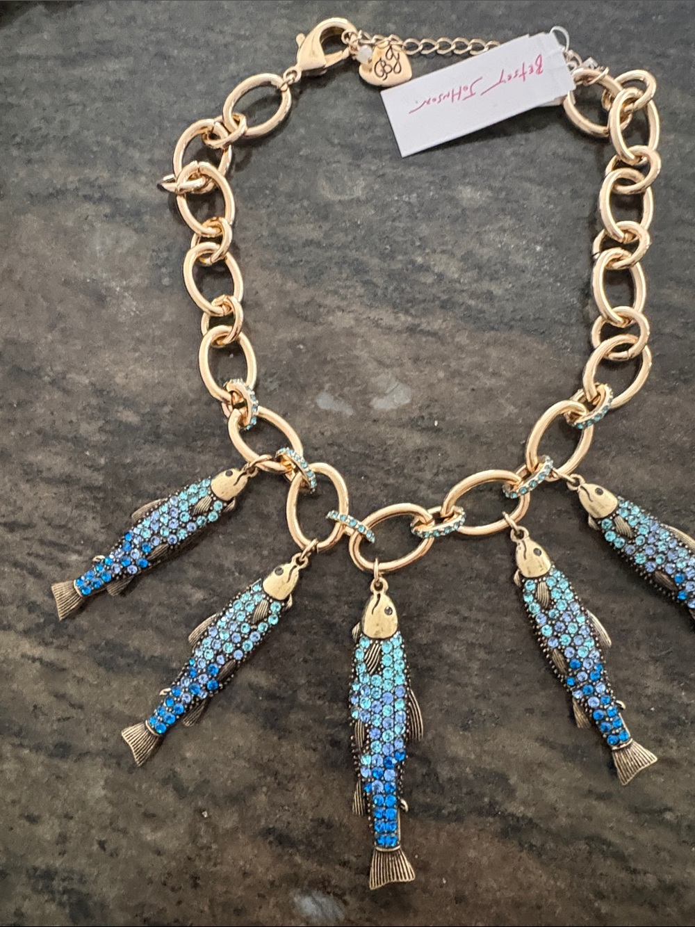 Betsey Johnson Blue and Aqua Crystal Fish Statement Necklace - Picture 2 of 3